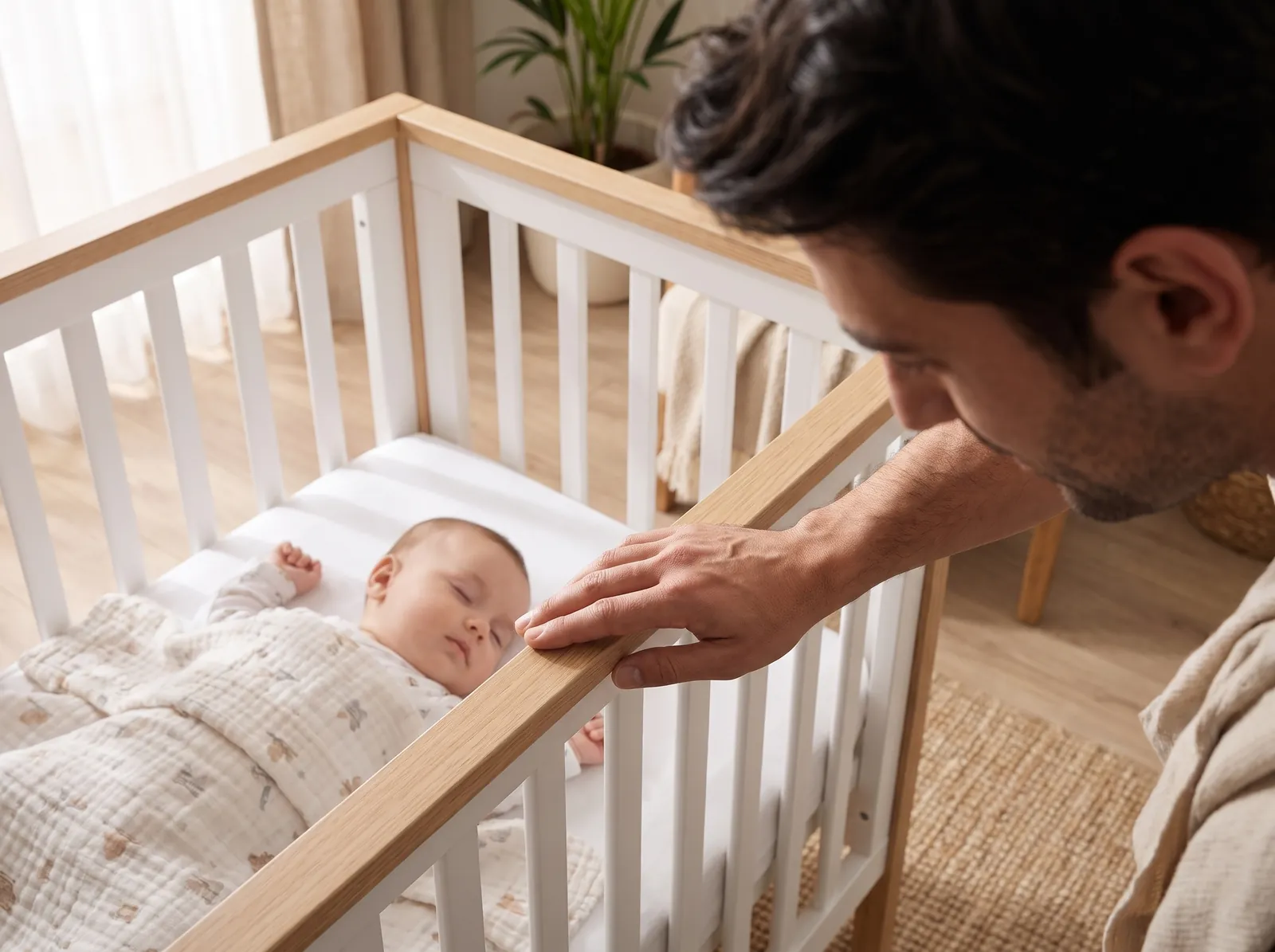 Karyolanın kenar çubuklarını kontrol eden babanın eli ve uyuyan bebek