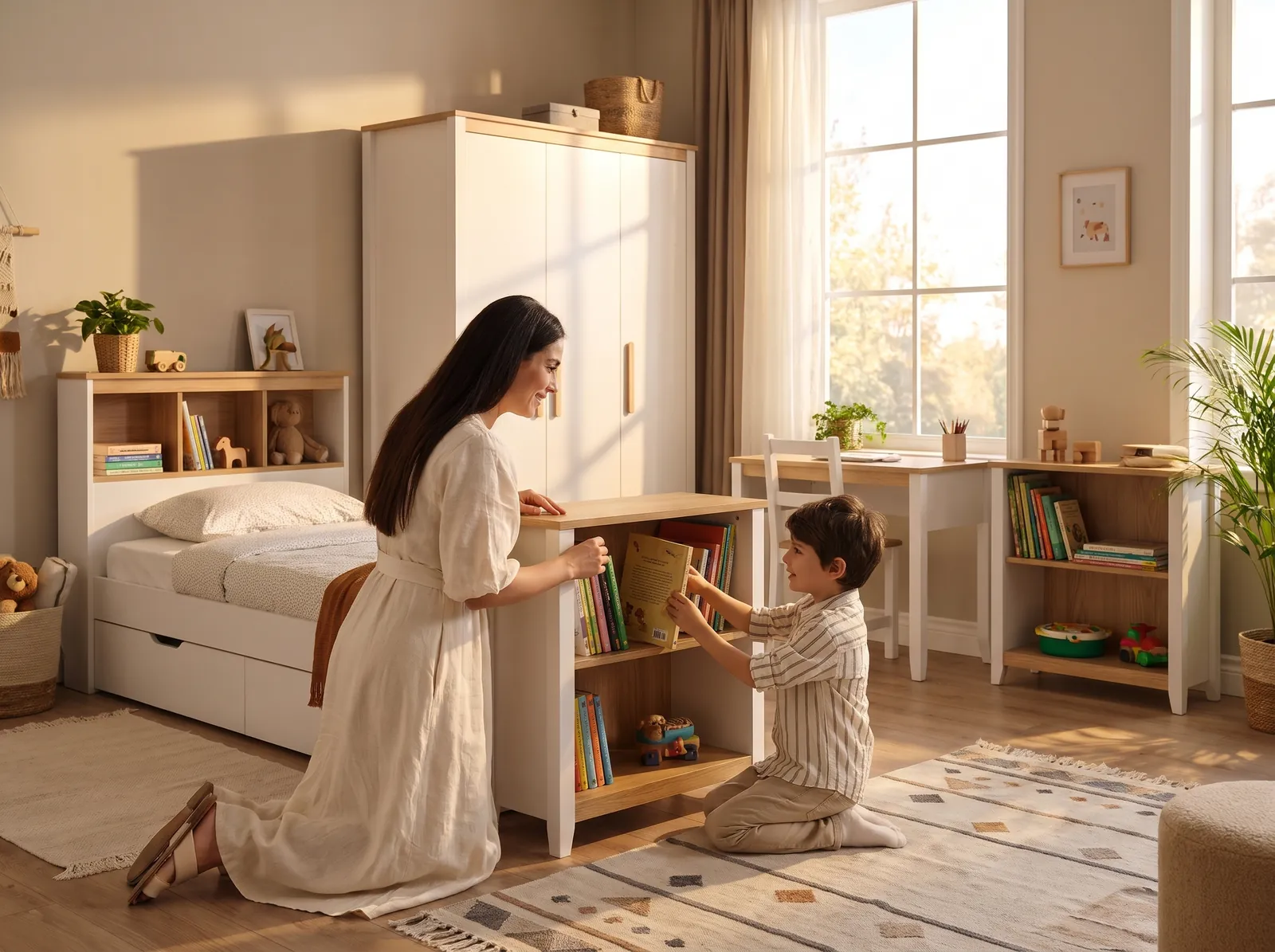 Çocuk odasında oğluyla kitaplığa kitap dizen anne